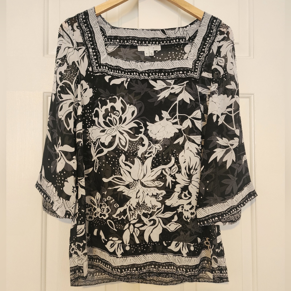 I.C.E. Floral Square Neck Black & White Sheer Elegant Botanical Print Top Size 6